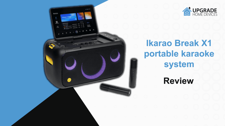 Ikarao Break X1 portable karaoke system with built-in screen and wireless microphone kit.